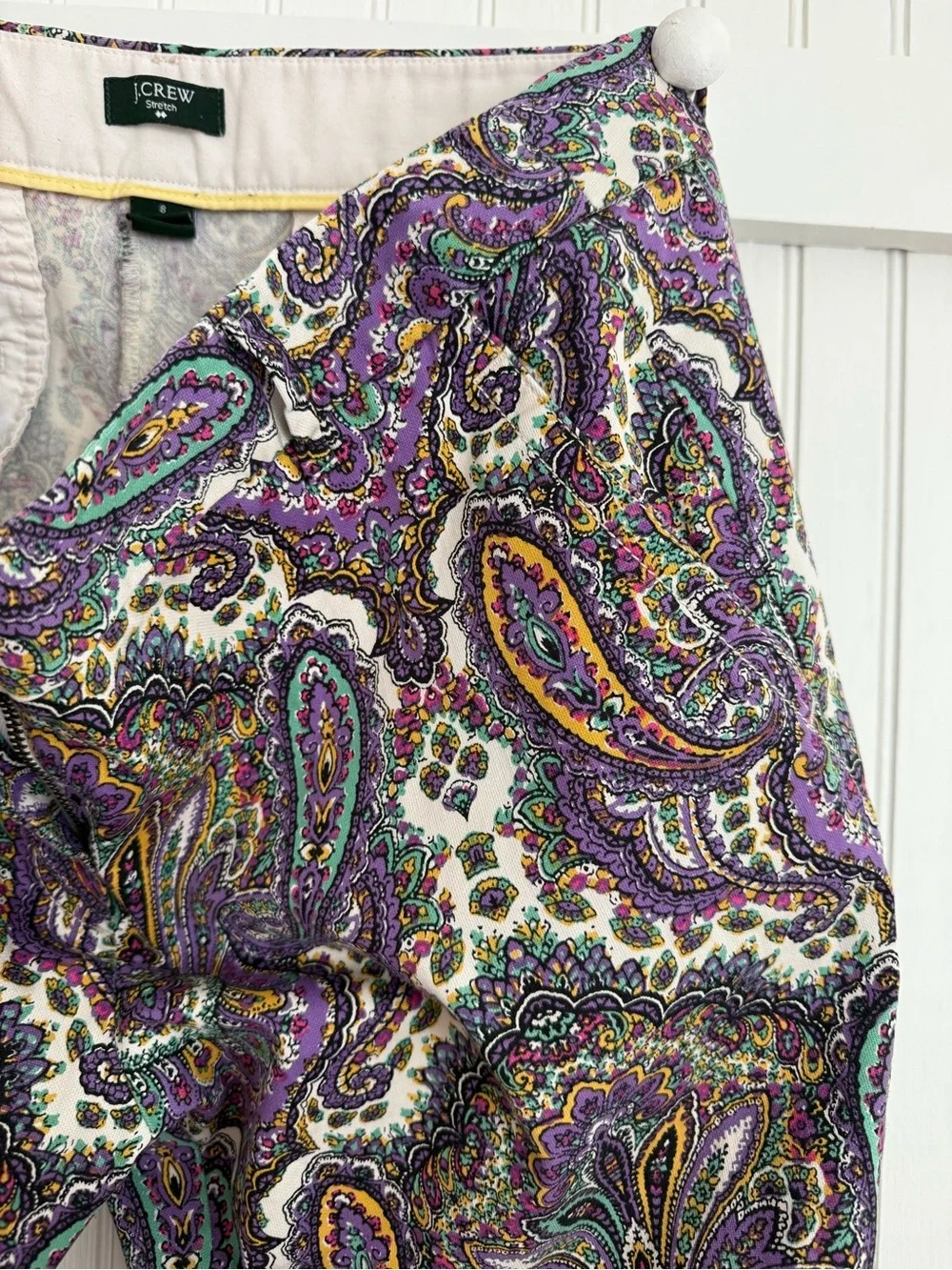 J. Crew Ankle Pants Size 8 Colorful Pants Paisley Print in Purple, Gold, Green